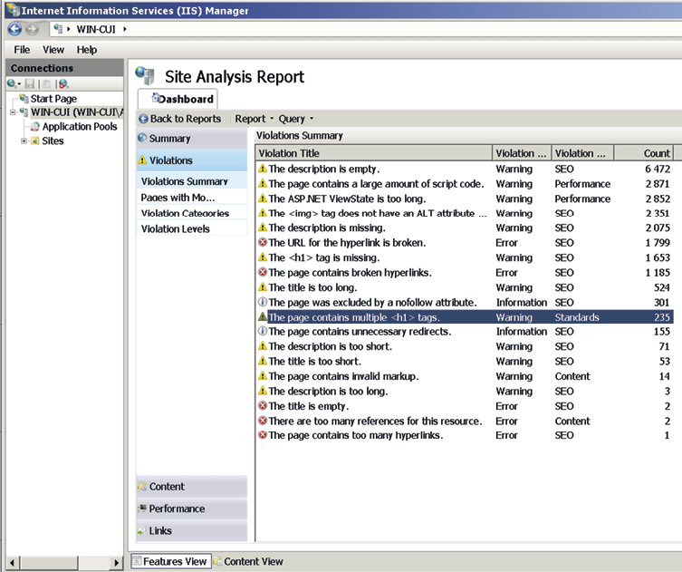 Image 6: Summary report from SEO Toolkit, listing violations in different categories regarding SEO and content quality.